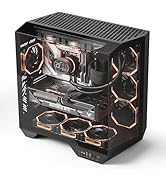 3D rendering of computer case interior showing RGB lighting effects and cooling system components from multiple angles.