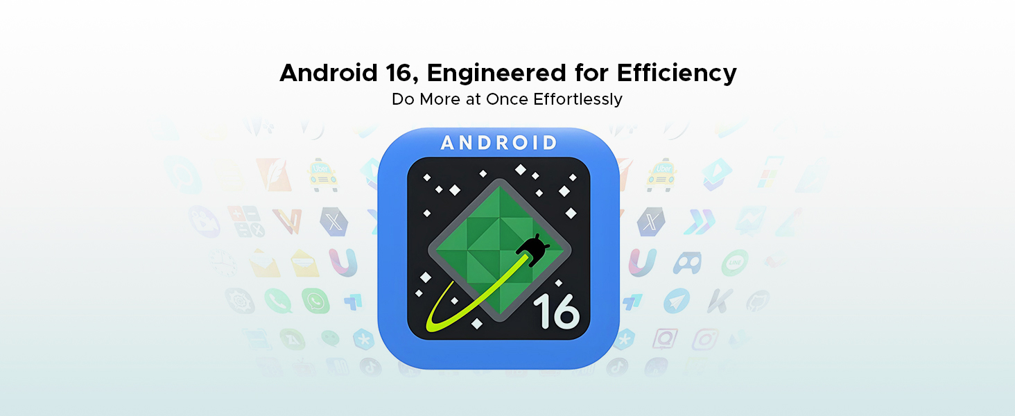 Text reads 'Android 16, Engineered for Efficiency'. Marketing banner showing Android robot logo with number 16 and efficiency-themed graphics against a light blue background.