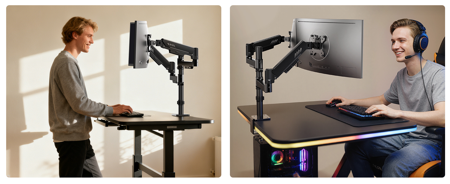 Multiple views of a height-adjustable desk in a home office setting, showing desk surface and mounting mechanism in use with computer equipment.