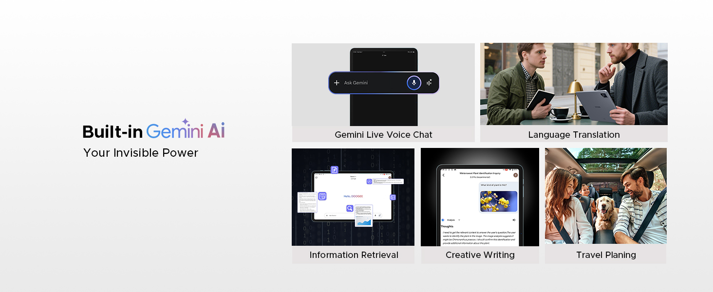 Text reads 'Built-in Gemini AI'. Series of interface screenshots and business meeting scenes showing AI integration in professional settings.