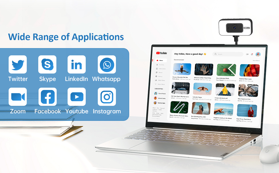 Text reads 'Dual-Tone Lighting & Powerful Zoom'. Demonstration sequence showing lighting effects and zoom capability, with indicators for 'White', 'Warm', and 'Zoom out' settings.
