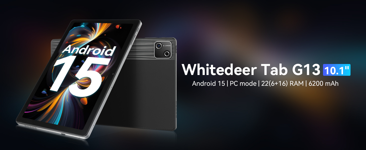 Text reads 'Android 15' and 'Whitedeer Tab G13'. Marketing image for tablet device showing product name and Android version against dark background.