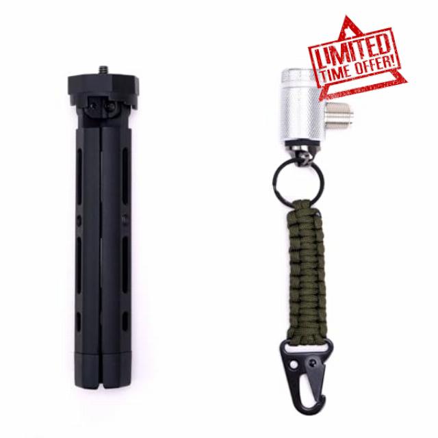 GRA-ULTmini Mini Tripod with GRA-AD35LW L-Type 3/8-24 to SO-239 (UHF) Adapter – Silver + 1/4-20 Camera Connector Paracord Keychain for Ham Radio Antenna