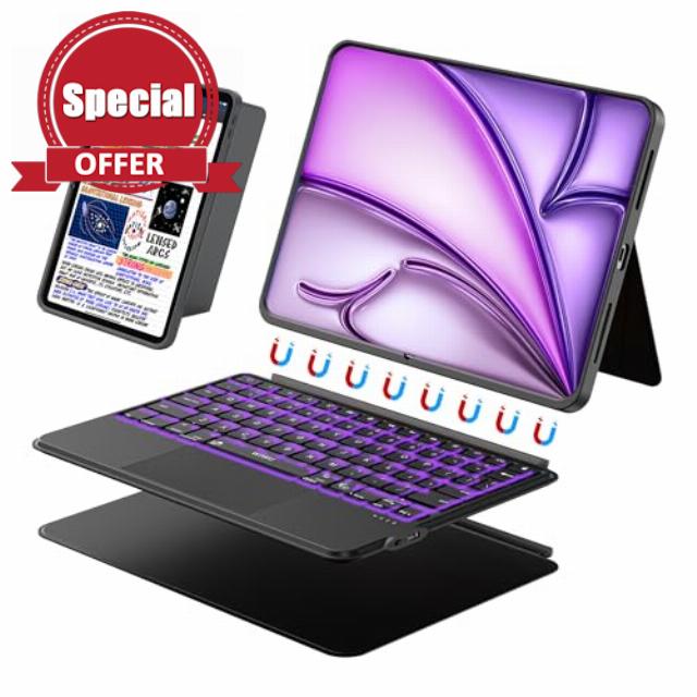 WIWU iPad Case Keyboard Air 13 Inch 3 in 1 Magnetic Detachable Case Keyboard Adjustable Stand 7 Colours Backlit Keys with Trackpad (BLACK