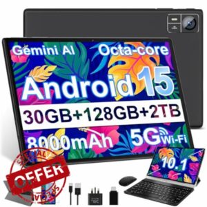 Tablet 10 Inch Android 15 Octa Core 30GB RAM + 128GB ROM (2TB TF) | 5G + 2.4G WiFi | 8000mAh | FHD | Bluetooth 5.0 | GPS | 8MP + 5MP | Type C