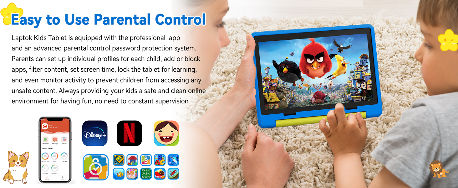 Series of images showing adults and children interacting with educational content on digital devices, featuring colorful interface elements and learning activities.