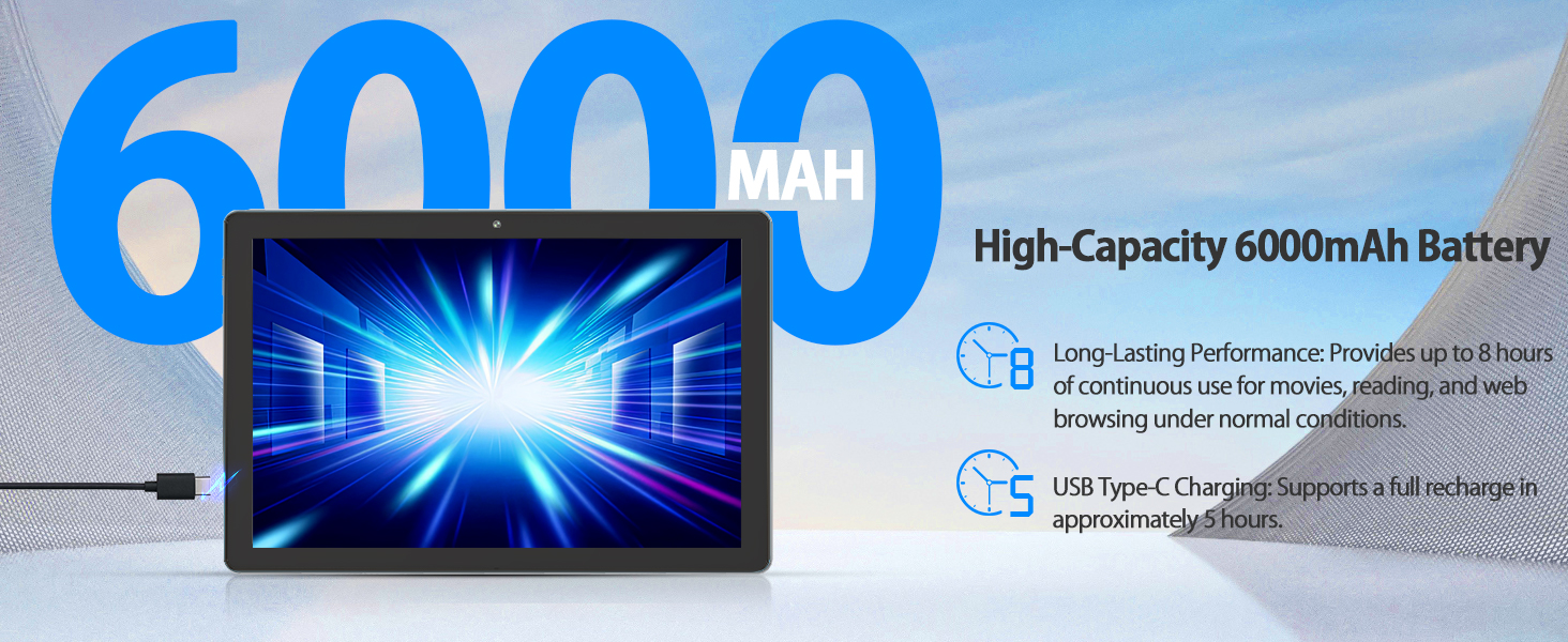 Text: 'High-Resolution Tablet', 'Sleek Lightweight Tablet PC'. Product showcase of a tablet device displaying colorful digital artwork on its screen.