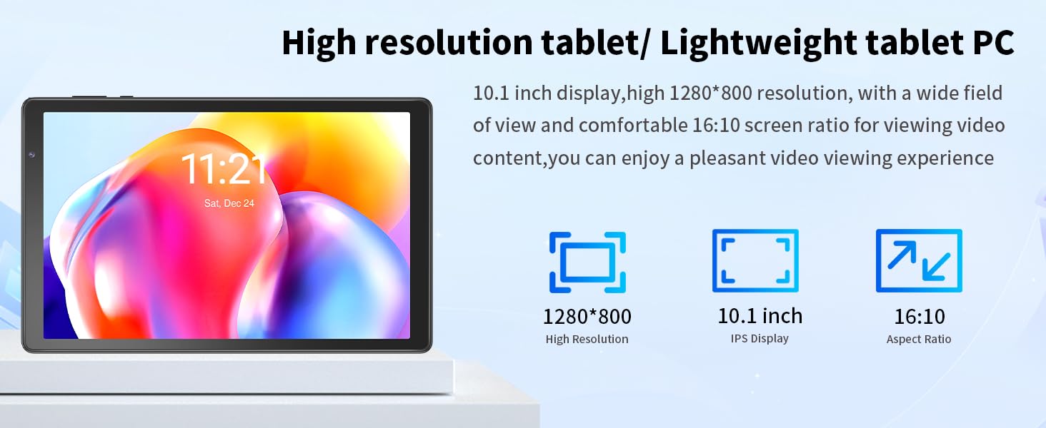 Tablet computer advertisement showing device specs: 4GB RAM, 32GB ROM, 1TB Micro SD expansion. Multiple views of tablet displaying colorful screens. High-performance 1.6GHz CPU mentioned.
