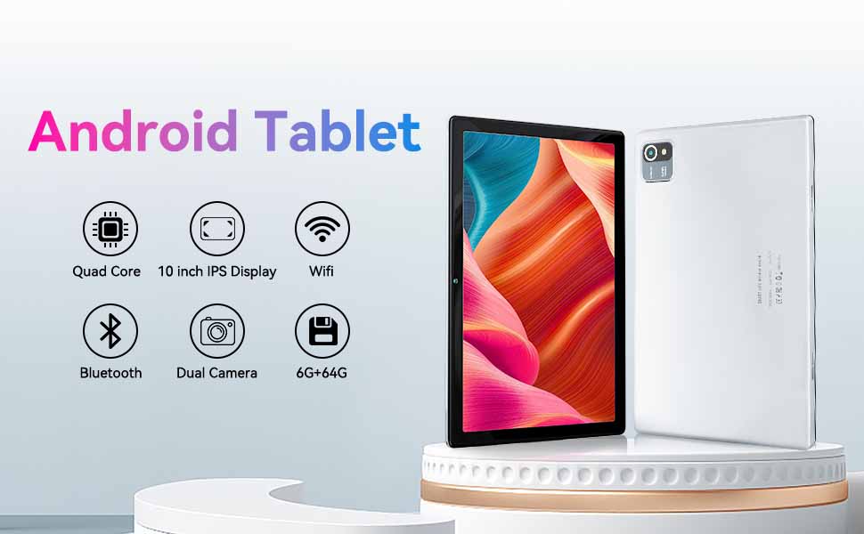 Text reads 'Android Tablet'. White tablet device shown with display screen and multiple feature icons indicating camera, connectivity, and system functions.