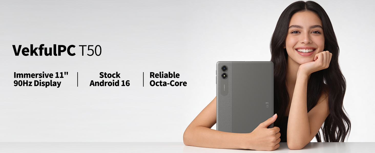 Text reads 'VekfulPC T50'. Product advertising banner showing holographic eyewear with reflective rainbow-colored lenses against a blue backdrop.