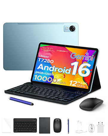 Text reads 'P12 Smart Tablets'. Multiple views of a tablet device with detachable keyboard, showing various angles and usage positions including standalone tablet and laptop modes.