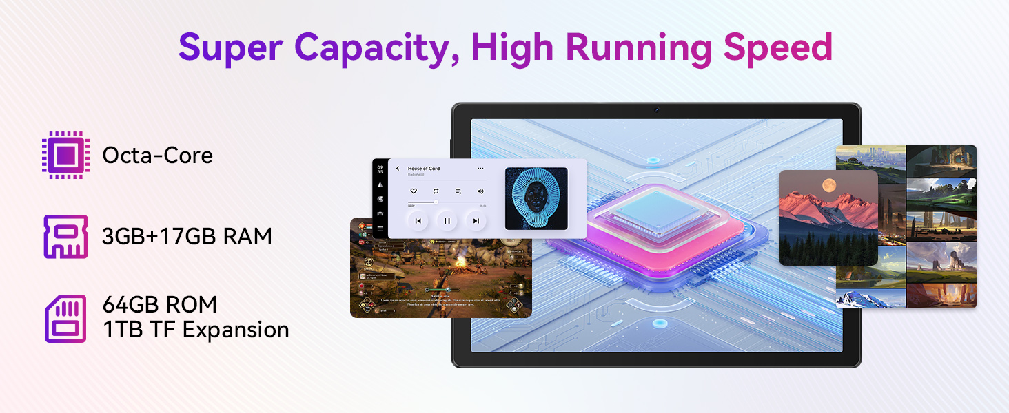 Text reads 'Super Capacity, High Running Speed'. Technical diagram or interface showing mobile device screens and system specifications.