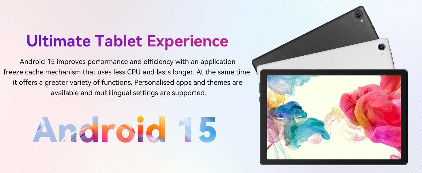 Text reads 'Ultimate Tablet Experience' and 'Android 15'. Shows partial view of tablet device with colorful abstract display.