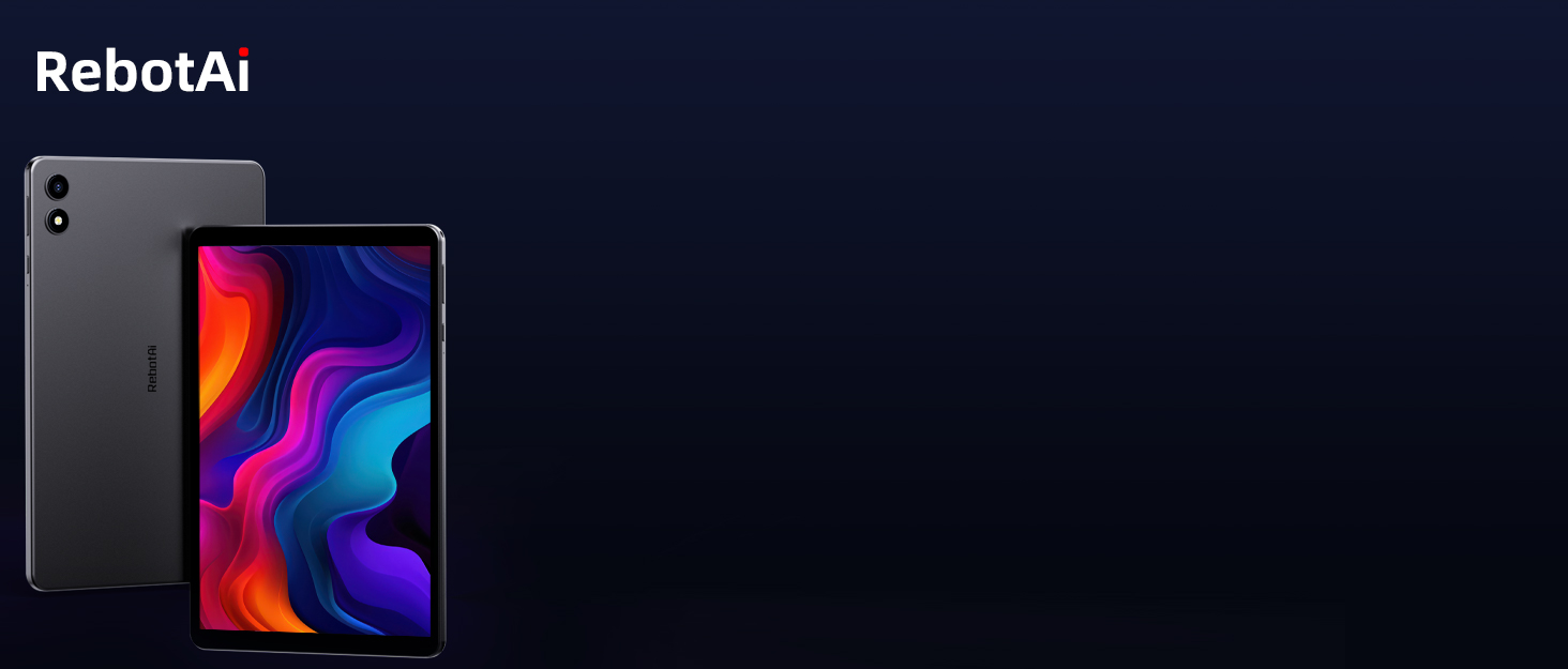 Text reads 'RebotAI'. Marketing banner showing smartphone devices displaying colorful gradient interface designs in dark blue and pink tones against black background.