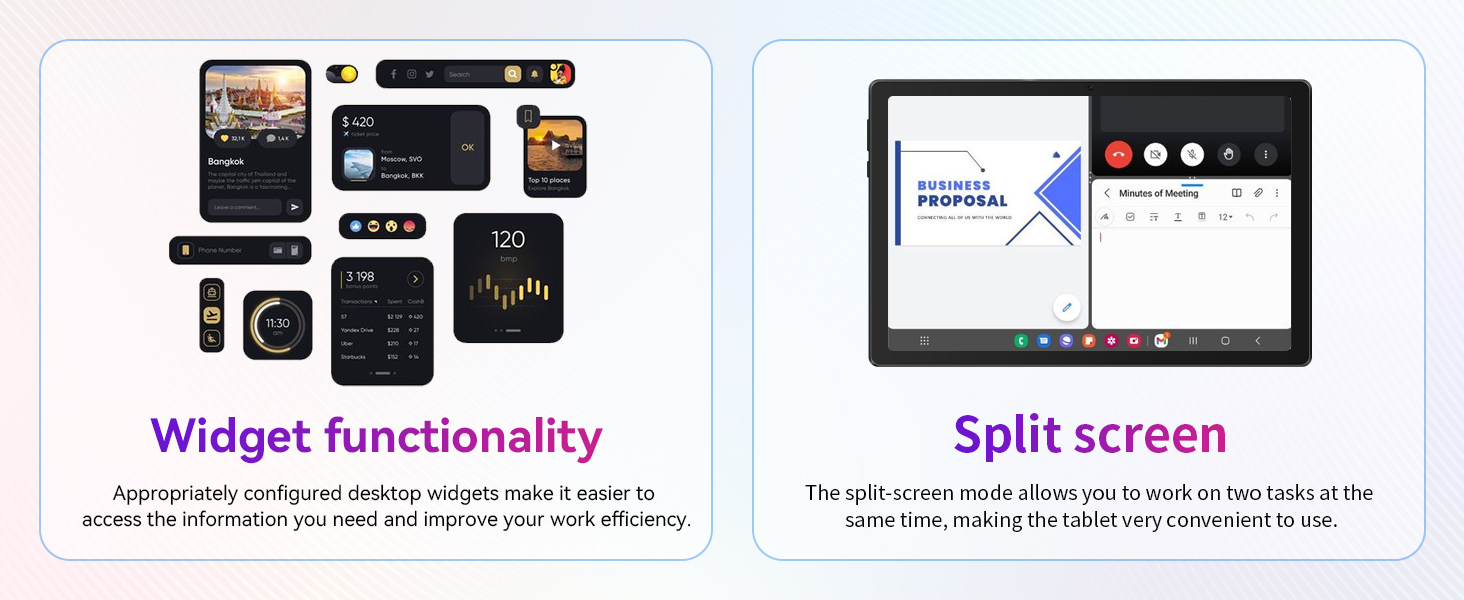 Text reads 'Widget Functionality' and 'Split screen'. Digital interface mockups showing various screen layouts and widget configurations on mobile or tablet devices.