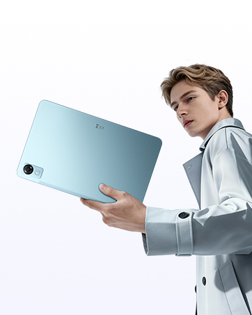 Product photography sequence showing light blue tablet device being held and demonstrated in various positions against white background.