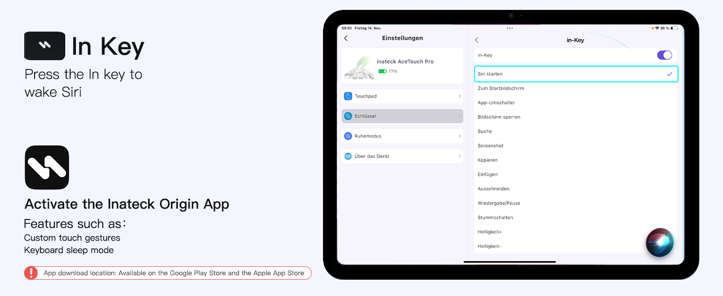 Text reads 'In Key' and 'Activate the habits Origin App'. Screenshot of a mobile app interface showing a settings or menu page on a tablet device.
