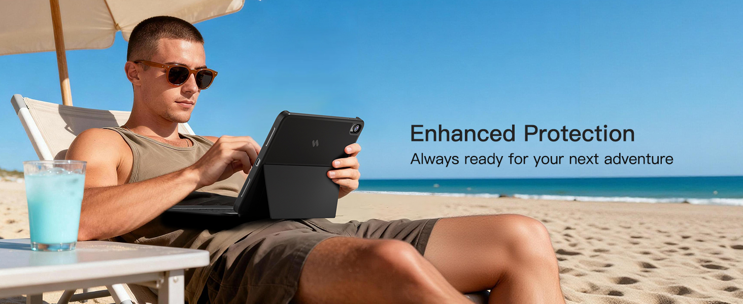 Text reads 'Enhanced Protection'. Beachside scene showing electronic device usage with messaging about device protection features.