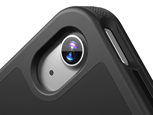 Close-up of device interface showing minimalist icons with two blue LED indicator lights, featuring power and connectivity symbols on dark surface.