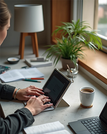 Person working at desk with laptop and coffee cup, plant visible in background. Workspace scene showing professional work environment with natural elements and beverage, depicting remote or office work setting.