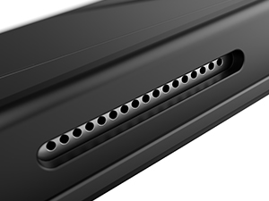 Black electronic device shown in multiple angles featuring a sleek design with LED indicator lights and what appears to be a charging or connection port.