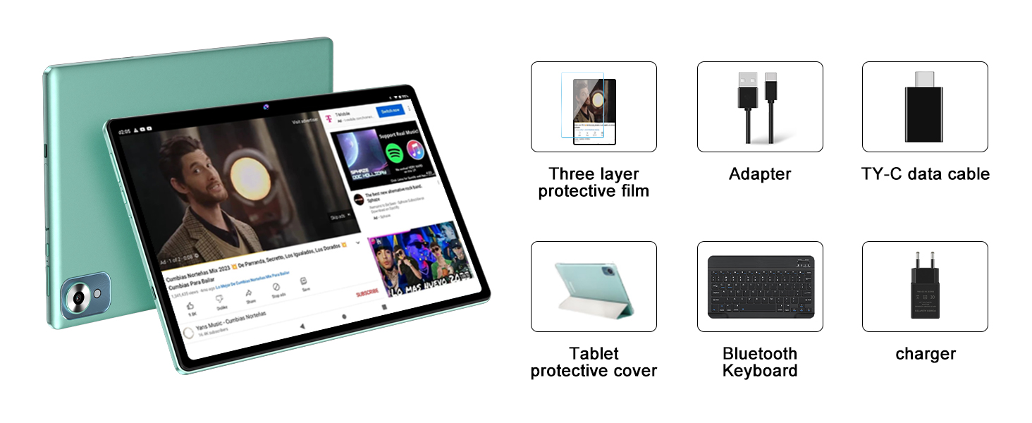 Tablet device with large touchscreen displaying multiple apps. Shown with accessories including protective cover, keyboard, screen protector, adapter, data cable, and charger.