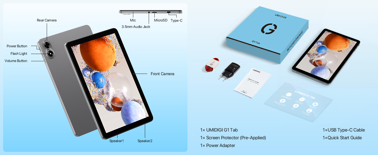 Two tablet devices shown from different angles. One displays an orange sphere, the other a blue background. Packaging and accessories are visible.