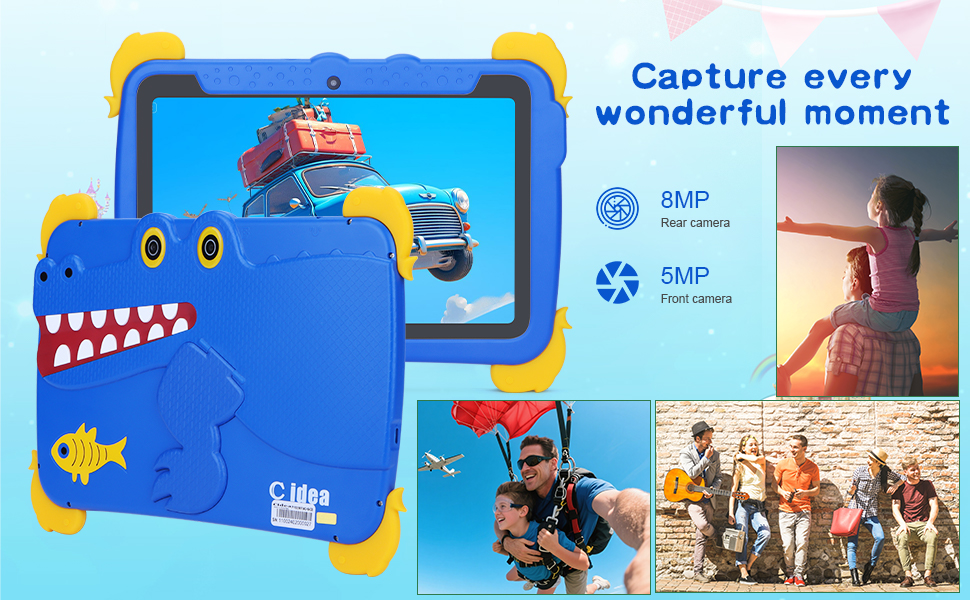 Text reads '10.1 inches blue light protection screen'. Child-friendly tablet case with specifications showing 16:10 ratio and 1280*800 resolution
