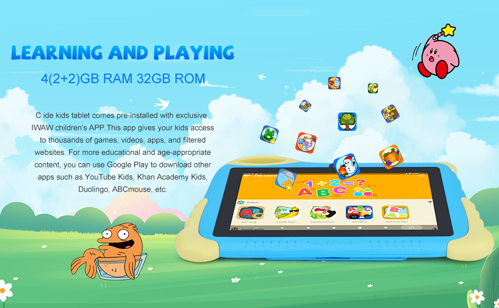 Text reads 'ANDROID13'. Children's tablet with yellow protective case frame displaying Kirby game character on screen. Interface shows several app icons on left side.