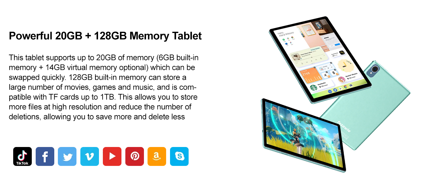Tablet with 20GB built-in memory and 128GB expandable storage. Features large display showing colorful interface. Turquoise back panel visible. Supports multiple apps and high-resolution content storage.