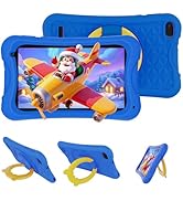 Text reads "2025 Android 15" and "child support google kids apps". Blue kids tablet with yellow accents shown front and back, plus blue protective case, yellow stand, and yellow handle accessories.