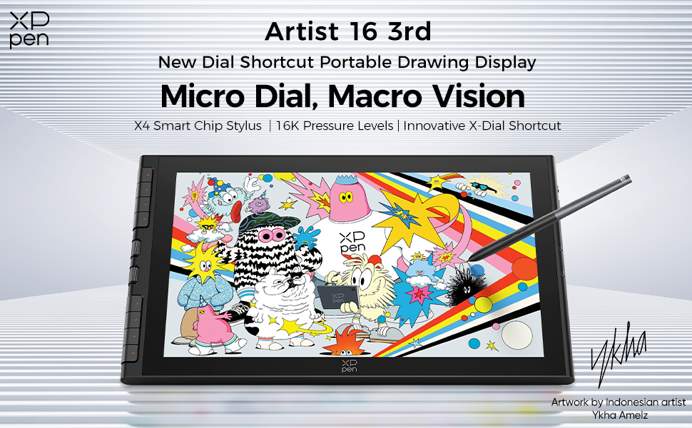 Text reads: 'Artist 16 3rd' 'New Dial Shortcut Portable Drawing Display' 'Micro Dial, Macro Vision' with additional specifications. Graphics tablet with stylus pen displaying colorful digital artwork on screen with black frame and interface.