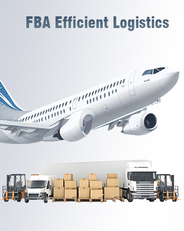 Text reads 'FBA Efficient Logistics'. Commercial airplane and delivery trucks/cargo vehicles with packages displayed, illustrating freight and logistics transportation services.