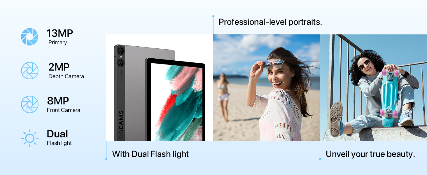 Smartphone advertisement showcasing camera features: 13MP main camera, 2MP front camera, 8MP ultra-wide, dual flash. Sample photos demonstrate portrait and beach photography.
