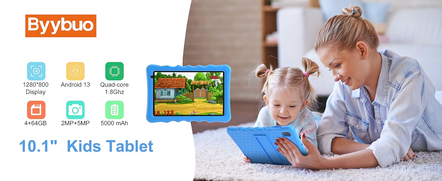 Text reads 'Byybuo', 'WiFi', 'PLAYTIME', 'LEARN', and '10.1'' Kids Tablet'. Tablet displaying colorful educational interface with adult and child using blue stylus.
