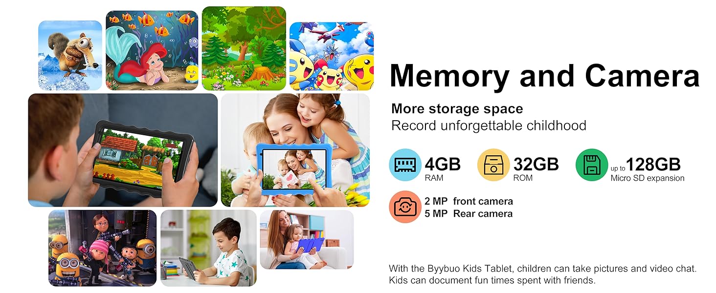 Tablet device showcasing storage and camera features. Multiple images display various uses, including photography and child interaction. Specifications list 4GB RAM, 32GB ROM, and 128GB expandable storage.