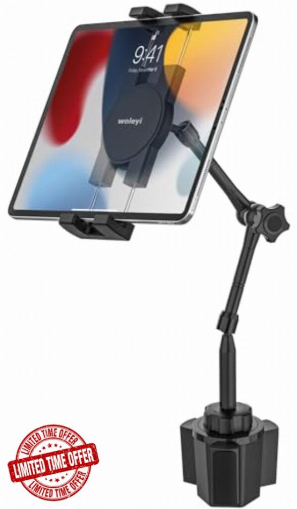 Ultra-Flexible Car Tablet Mount for Cup Holder - [Aluminum Arm & Full-Range Adjustable] Truck RV Camping Vehicle Cupholder Mount for Tablets Phones