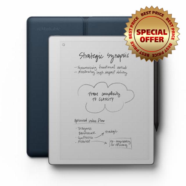 eMarkable Paper Pure bundle – 10.3” paper tablet with black-and-white display – Digital notebook for better writing and reading. Includes Ocean Blue Sleeve Folio and Marker Plus with built-in erase