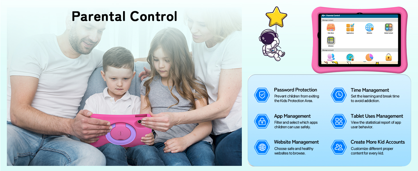 Text reads 'Parental Control'. Parents and children holding pink tablet device. Six blue circular icons with checkmarks display parental control features including app management, usage time limits, location tracking, and content filtering functionalities.