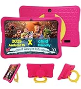 Text reads "2025" "child" "support Google kids apps". Blue kids tablet with 7-inch display showing colorful character interface, includes yellow handles and stand. Multiple viewing angle shots and accessories displayed below main unit.