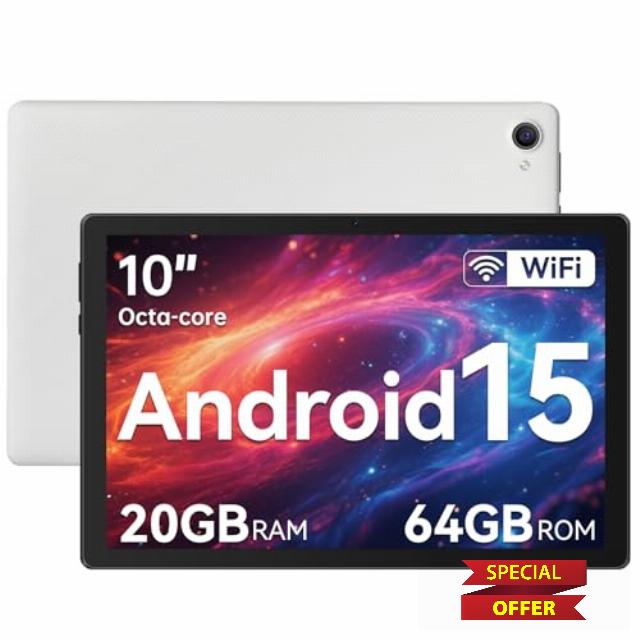 Hakaug Tablet 10 Inch Android 15 Tablets PC Octa-Core 20 GB RAM 64 GB ROM 1 TB TF Extension 1280x800 IPS Touchscreen WiFi 6 Widevine L1 Dual Camera 5000 mAh (White)