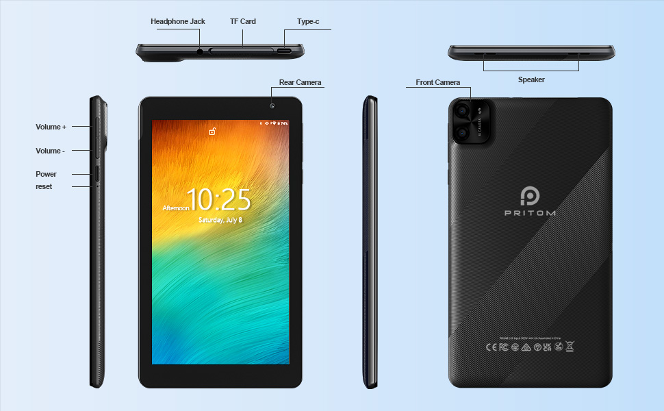 Tablet device with 3500 mAh battery, featuring adapter, Type-C, and 3.5mm headphone jack ports. Screen displays pink gradient.