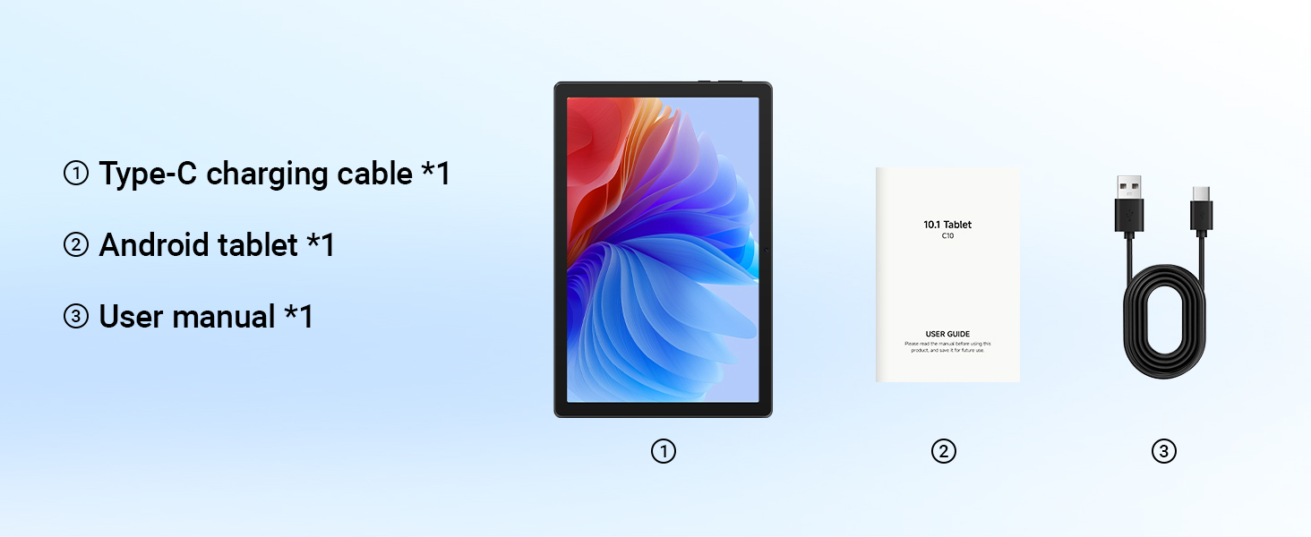Text reads 'Type-C charging cable *1', 'User manual *1'. Tablet with colorful display shown with USB Type-C charging cable and documentation included in product package.
