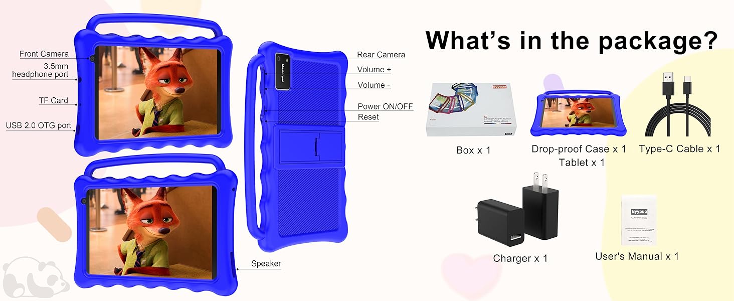 Product package contents for a blue tablet case. Includes images of the case, stylus pen, screen protector, and cleaning cloth.