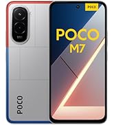 Text reads 'POCO M7'. Black smartphone showing front and back views, featuring triple rear camera system and center-aligned hole-punch front camera.