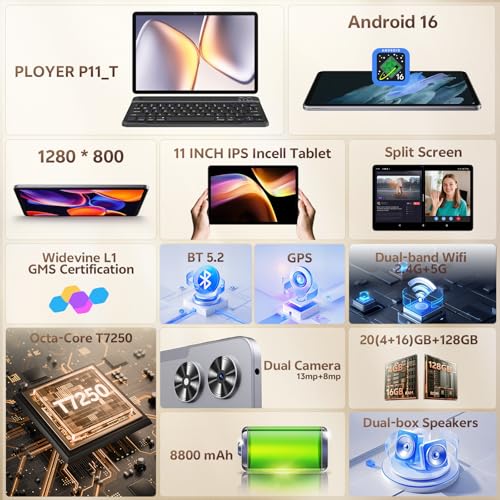 Android 16 Tablet With 20GB RAM+128GB ROM (1TB Expandable)