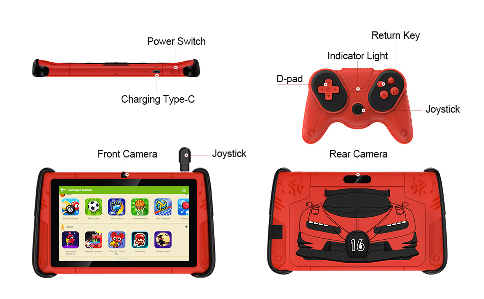 Digital game interface showing colorful app icons and gaming thumbnails in a curved display format with red accent elements.
