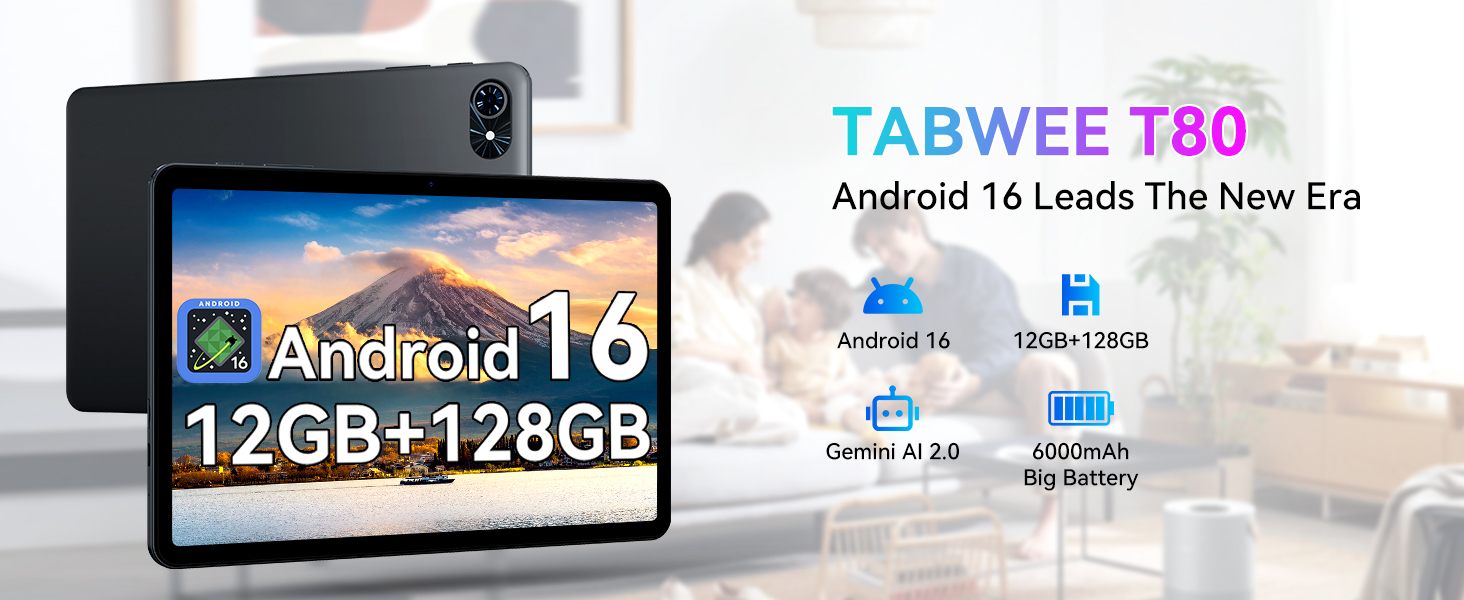 Text reads 'TABWEE T80', 'Android 10', '12GB+128GB'. Product advertisement showing tablet device with technical specifications.