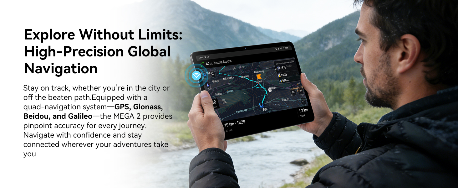 Text reads 'Explore Without Limits' and 'Navigation'. Scenic mountain landscape shot showing photography or navigation equipment in use against dramatic natural backdrop.