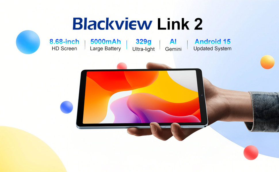Text reads 'Blackview Link 2' with specifications: '6.5-inch HD Screen', '5000mAh Large Battery', '128GB Storage', 'Android 6.0 System'. Device shown being held displaying colorful gradient display screen.